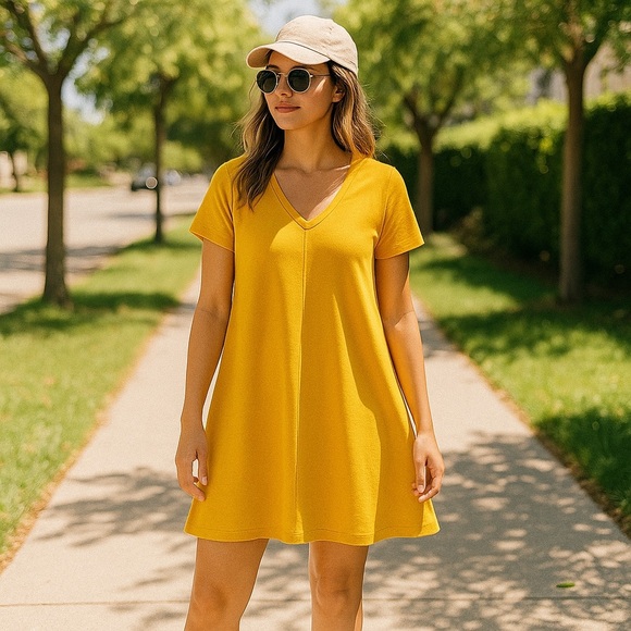 YELLOW V-Neck Short Sleeve Mini Swing Sweater Dress - Picture 1 of 13